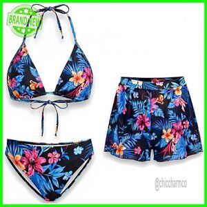 3 Piece Bikini Set with Mesh Cover Up Shorts, Triangle Halter, Size Medium
